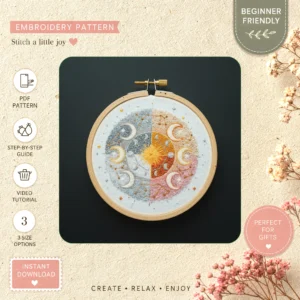 Main preview of stellar night astronomy themed hand embroidery pattern showing sky, moon, crescent, stars, and night in a hand stitched hoop art design