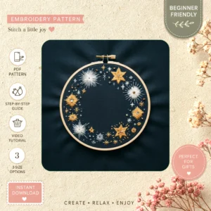 Main preview of stellar night wonders sky hand embroidery pattern showing sky, moon, crescent, stars, and night in a hand stitched hoop art design