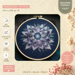 Main preview of stylized galaxy flower cosmic hand embroidery pattern showing flower, floral, nature, and galaxy in a hand stitched hoop art design