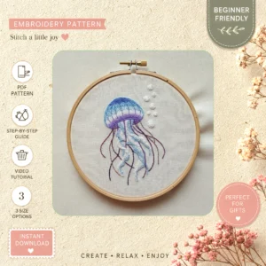 Main preview of stylized jellyfish floral surrounded hand embroidery pattern showing floral in a hand stitched hoop art design