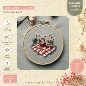 Main preview of summer picnic cozy handmade hand embroidery pattern showing summer picnic cozy handmade in a hand stitched hoop art design