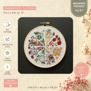 Main preview of summer themed vibrant fruits hand embroidery pattern showing flowers in a hand stitched hoop art design