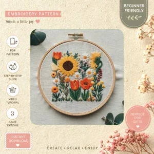 Main preview of sunflower nature inspired vivid hand embroidery pattern showing floral, sunflower, and nature in a hand stitched hoop art design