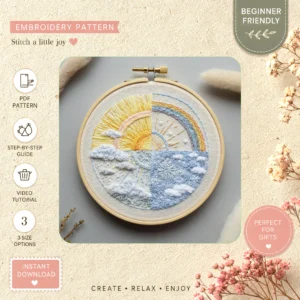 Main preview of sunlit day rainbows sunsets hand embroidery pattern showing sunset, sunrise, sky, nature, and rainbow in a hand stitched hoop art design