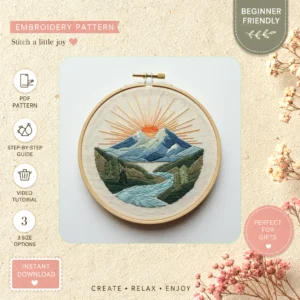 Main preview of sunrise mountain nature inspired hand embroidery pattern showing mountain, mountains, landscape, river, and sunrise in a hand stitched hoop art design