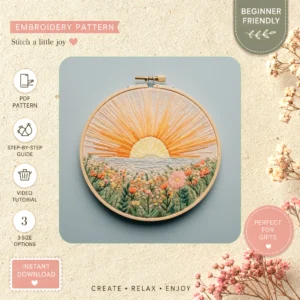 Main preview of sunset floral celebrate nature hand embroidery pattern showing floral, sunset, and nature in a hand stitched hoop art design