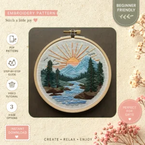 Main preview of sunset mountain landscape serene hand embroidery pattern showing mountain, landscape, river, trees, and sunset in a hand stitched hoop art design