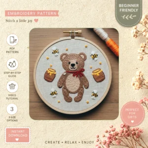 Main preview of teddy bear honeycomb cute hand embroidery pattern showing bear, bees, flowers, and nature in a hand stitched hoop art design