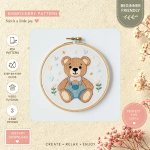 Main preview of teddy bear sleepy floral hand embroidery pattern showing bear, floral, and home in a hand stitched hoop art design