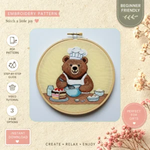 Main preview of teddy chef cozy kitchen hand embroidery pattern showing teddy chef cozy kitchen in a hand stitched hoop art design
