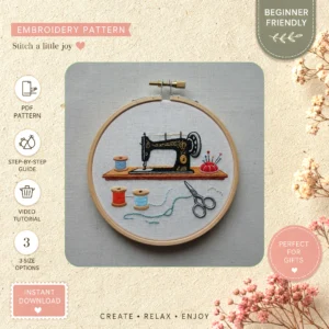 Main preview of textile sewing machine action hand embroidery pattern showing textile sewing machine action in a hand stitched hoop art design