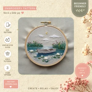 Main preview of tranquil lake boat flora hand embroidery pattern showing foliage and lake in a hand stitched hoop art design