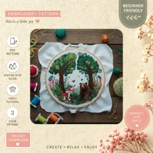 Main preview of tranquil woodland tree flowers hand embroidery pattern showing flowers, woodland, and tree in a hand stitched hoop art design