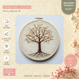 Main preview of tree flower floral nature hand embroidery pattern showing flower, floral, blossoms, tree, and nature in a hand stitched hoop art design