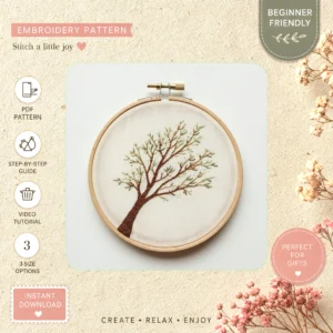 Main preview of tree flower nature inspired hand embroidery pattern showing flower, flowers, tree, trees, and nature in a hand stitched hoop art design