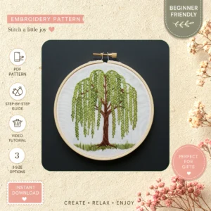 Main preview of tree space hand embroidery pattern showing tree in a hand stitched hoop art design
