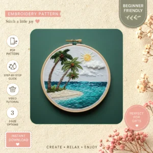 Main preview of tropical beach paradise palm hand embroidery pattern showing tree, sea, beach, moon, and sun in a hand stitched hoop art design