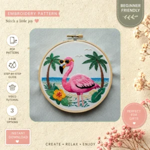 Main preview of tropical paradise vibrant flamingos hand embroidery pattern showing trees and beach in a hand stitched hoop art design