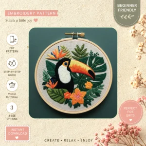 Main preview of tropical parrot vibrant nature hand embroidery pattern showing bird, flowers, leaves, and nature in a hand stitched hoop art design