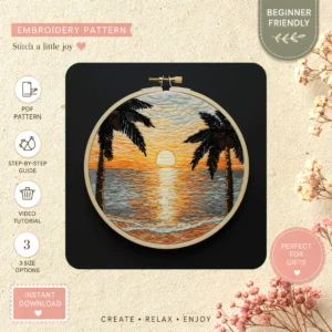 Main preview of tropical sunset serene over hand embroidery pattern showing tree, sunset, sky, sea, and beach in a hand stitched hoop art design