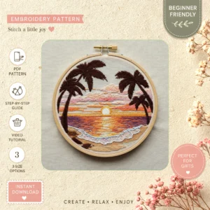 Main preview of tropical sunset warm vibes hand embroidery pattern showing trees, sunset, ocean, and beach in a hand stitched hoop art design