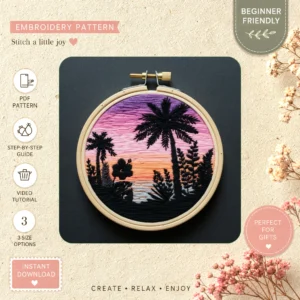 Main preview of tropical vacation relaxing beach hand embroidery pattern showing trees, sunset, ocean, beach, and wave in a hand stitched hoop art design