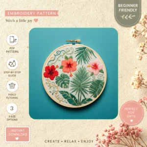 Main preview of tropical vibrant palm leaves hand embroidery pattern showing bird, flower, leaves, and nature in a hand stitched hoop art design