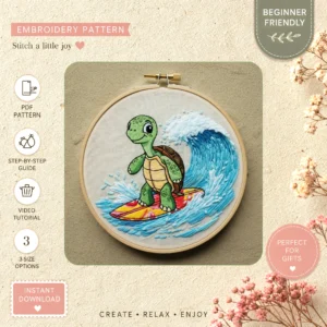 Main preview of turtle surfing playful ocean hand embroidery pattern showing turtle, ocean, and wave in a hand stitched hoop art design