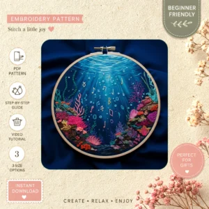 Main preview of underwater melody calming ocean hand embroidery pattern showing ocean, underwater, and coral in a hand stitched hoop art design