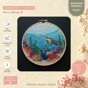 Main preview of underwater vibrant ocean life hand embroidery pattern showing turtle, floral, nature, ocean, and sea in a hand stitched hoop art design