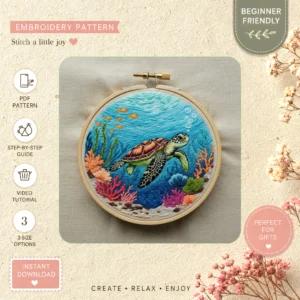 Main preview of underwater whimsical marine life hand embroidery pattern showing turtle, fish, nature, ocean, and sea in a hand stitched hoop art design