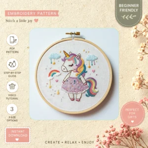 Main preview of unicorn dress whimsical rainbow hand embroidery pattern showing unicorn, clouds, and rainbow in a hand stitched hoop art design