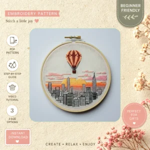 Main preview of urban city skyline balloon hand embroidery pattern showing sunset, city, skyline, and home in a hand stitched hoop art design