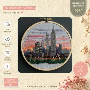 Main preview of urban skyline showcasing city hand embroidery pattern showing sunset, city, and skyline in a hand stitched hoop art design