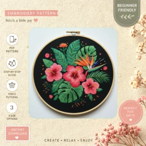 Main preview of vibrant bird flowers plant hand embroidery pattern showing bird, flowers, leaves, and nature in a hand stitched hoop art design