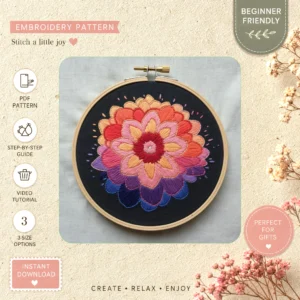 Main preview of vibrant floral colorful variety hand embroidery pattern showing flower, flowers, floral, leaves, and foliage in a hand stitched hoop art design