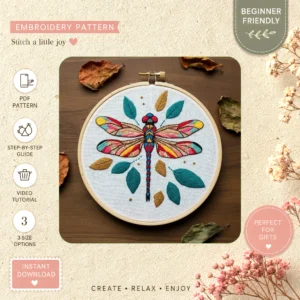 Main preview of vibrant floral dragonfly butterfly hand embroidery pattern showing butterfly, butterflies, dragonfly, flowers, and floral in a hand stitched hoop art design
