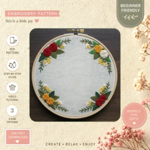 Main preview of vibrant floral leaf both hand embroidery pattern showing flowers, floral, leaf, and leaves in a hand stitched hoop art design