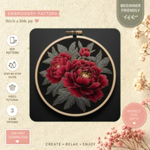 Main preview of vibrant floral stunning red hand embroidery pattern showing flowers, floral, leaves, and nature in a hand stitched hoop art design