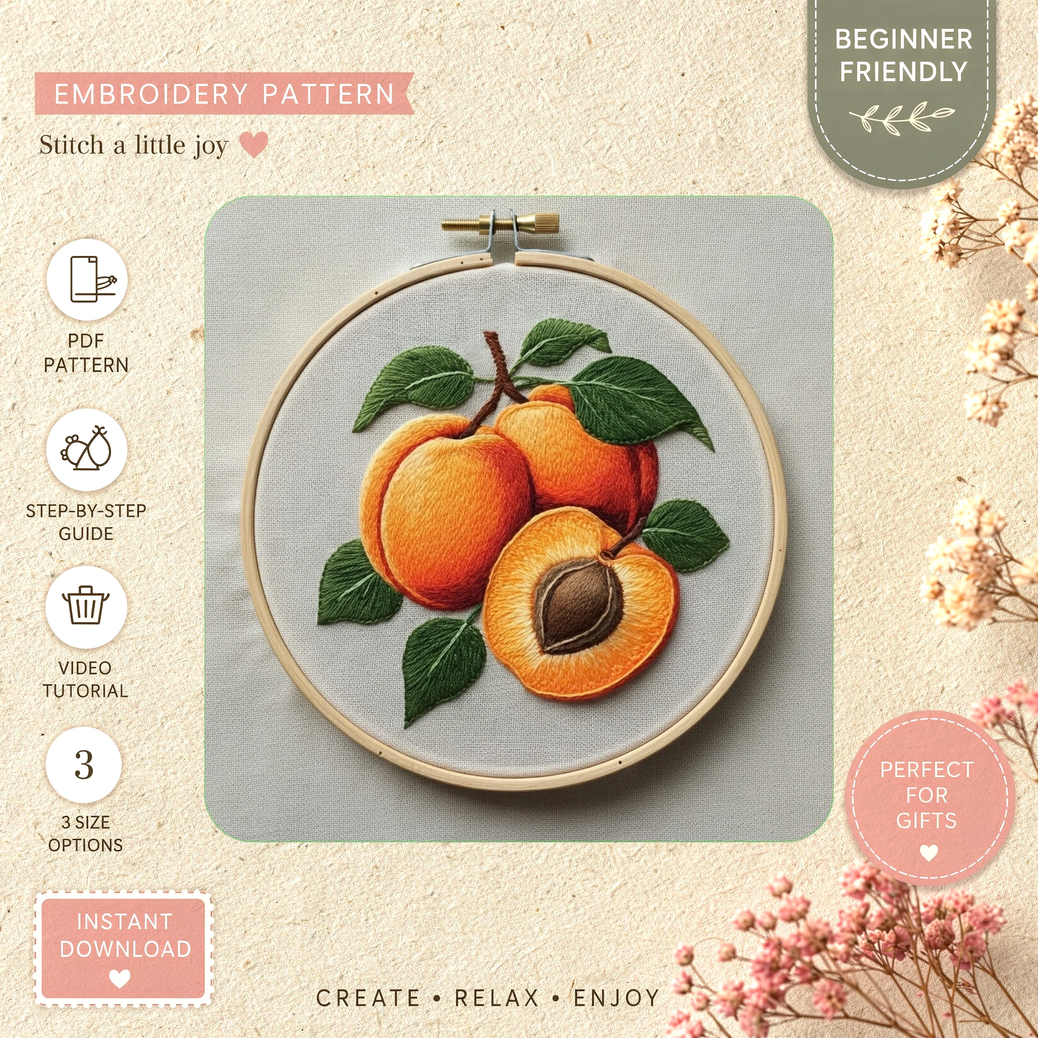 Main preview of vibrant fruit flower elevate hand embroidery pattern showing flower, flowers, and nature in a hand stitched hoop art design