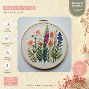 Main preview of vibrant garden flowers wildflowers hand embroidery pattern showing flowers, floral, wildflowers, foliage, and garden in a hand stitched hoop art design