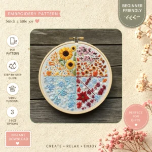 Main preview of vibrant nature inspired colorful hand embroidery pattern showing flowers, floral, nature, and home in a hand stitched hoop art design