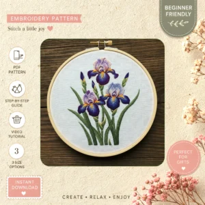 Main preview of vibrant purple flower flowers hand embroidery pattern showing flower, flowers, and nature in a hand stitched hoop art design