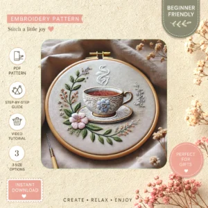 Main preview of vibrant tea party coffee hand embroidery pattern showing butterflies, flowers, nature, and home in a hand stitched hoop art design