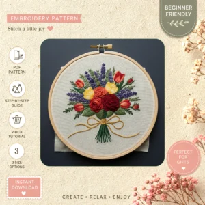 Main preview of vintage bouquet nature roses hand embroidery pattern showing floral, bouquet, roses, daisies, and nature in a hand stitched hoop art design