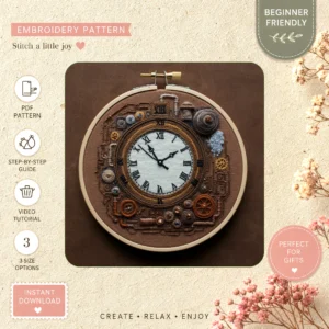 Main preview of vintage clock timeless deco hand embroidery pattern showing vintage clock timeless deco in a hand stitched hoop art design