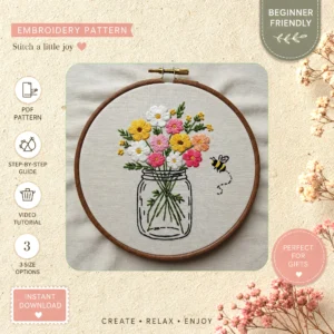 Main preview of vintage floral bouquet honeybee hand embroidery pattern showing floral, bouquet, nature, and home in a hand stitched hoop art design