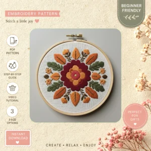 Main preview of vintage floral handcrafted captivating hand embroidery pattern showing floral in a hand stitched hoop art design