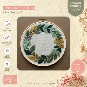Main preview of vintage floral timeless charm hand embroidery pattern showing floral, leaf, and wreath in a hand stitched hoop art design