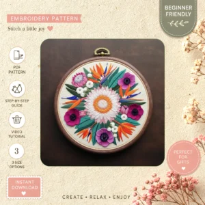 Main preview of vintage floral vivid peonies hand embroidery pattern showing birds, floral, and peonies in a hand stitched hoop art design